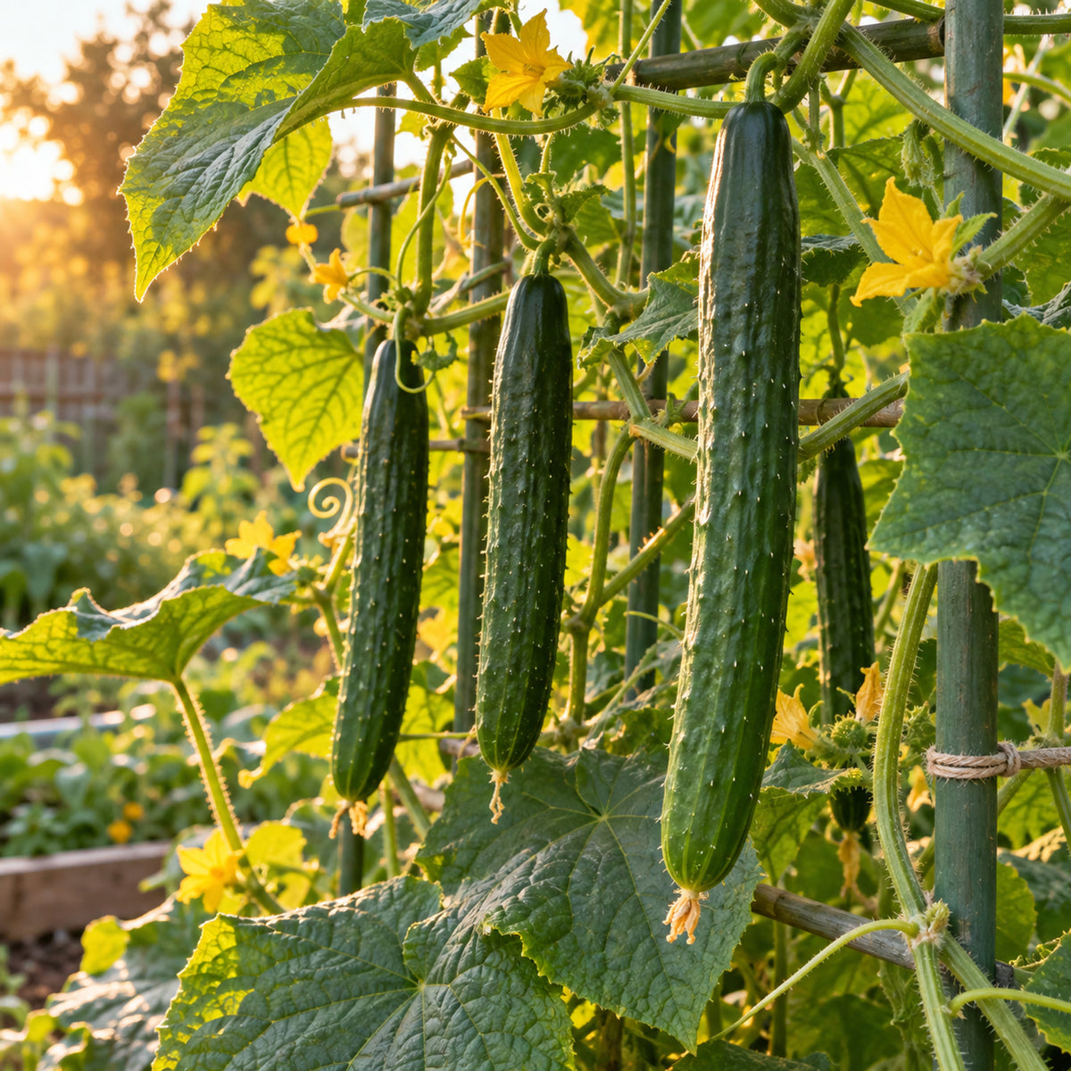 Tasty Green Japanese Cucumber Seeds growing in a home garden