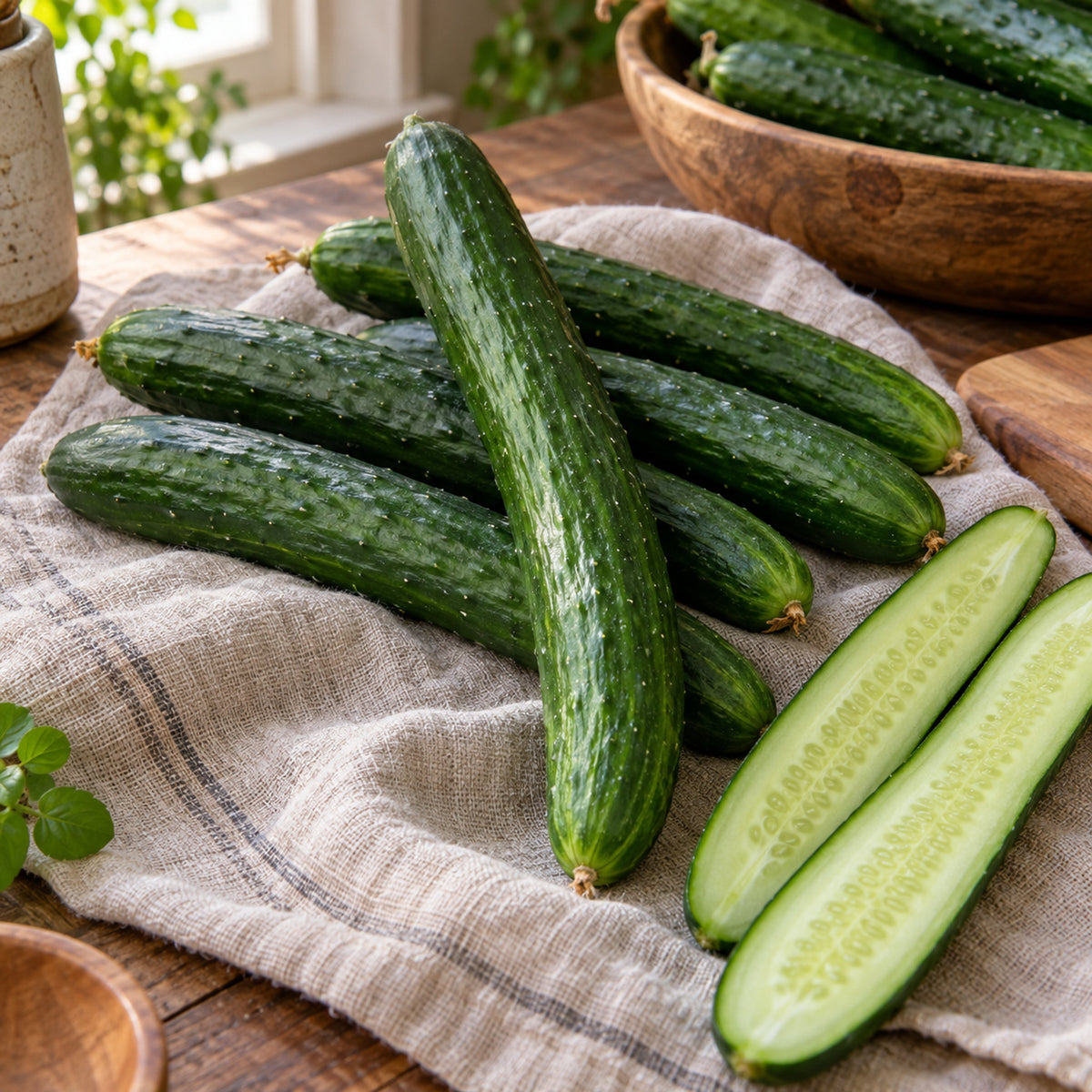 Tasty Green Japanese Cucumber Seeds harvest up close