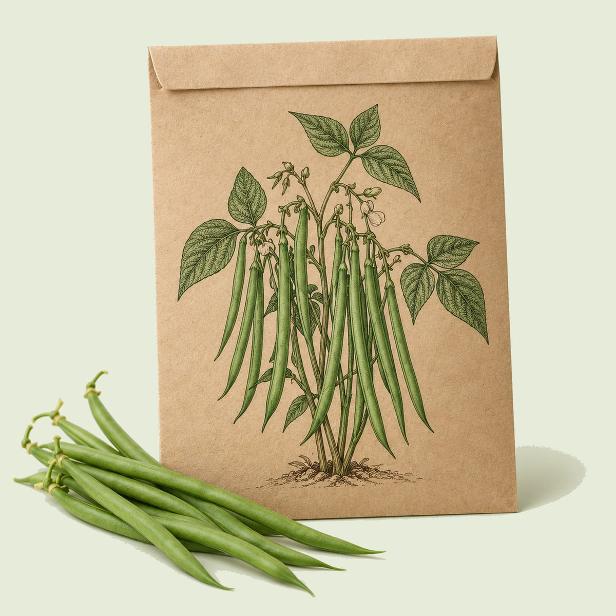Kraft seed packet illustrated with Tavera French Filet Bush Bean, with fresh Tavera French Filet Bush Bean beside it