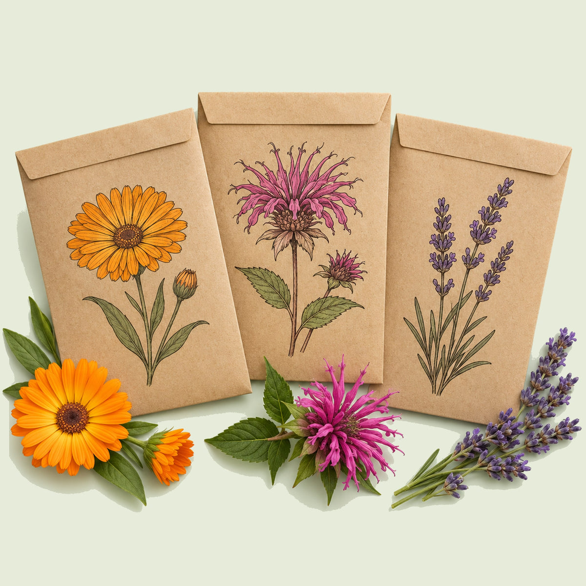 Kraft seed packet illustrated with Tea Garden Seed Bundle, with fresh Tea Garden Seed Bundle beside it