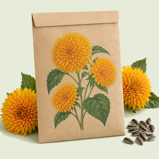 Kraft seed packet illustrated with Teddy Bear Sunflower, with fresh Teddy Bear Sunflower beside it