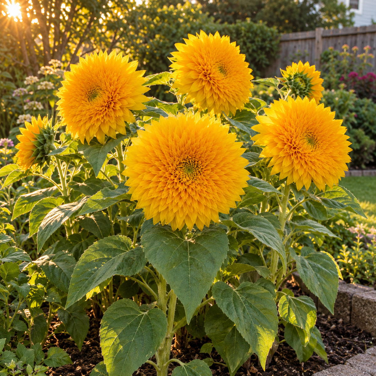 Teddy Bear Yellow Dwarf Sunflower Seeds growing in a home garden