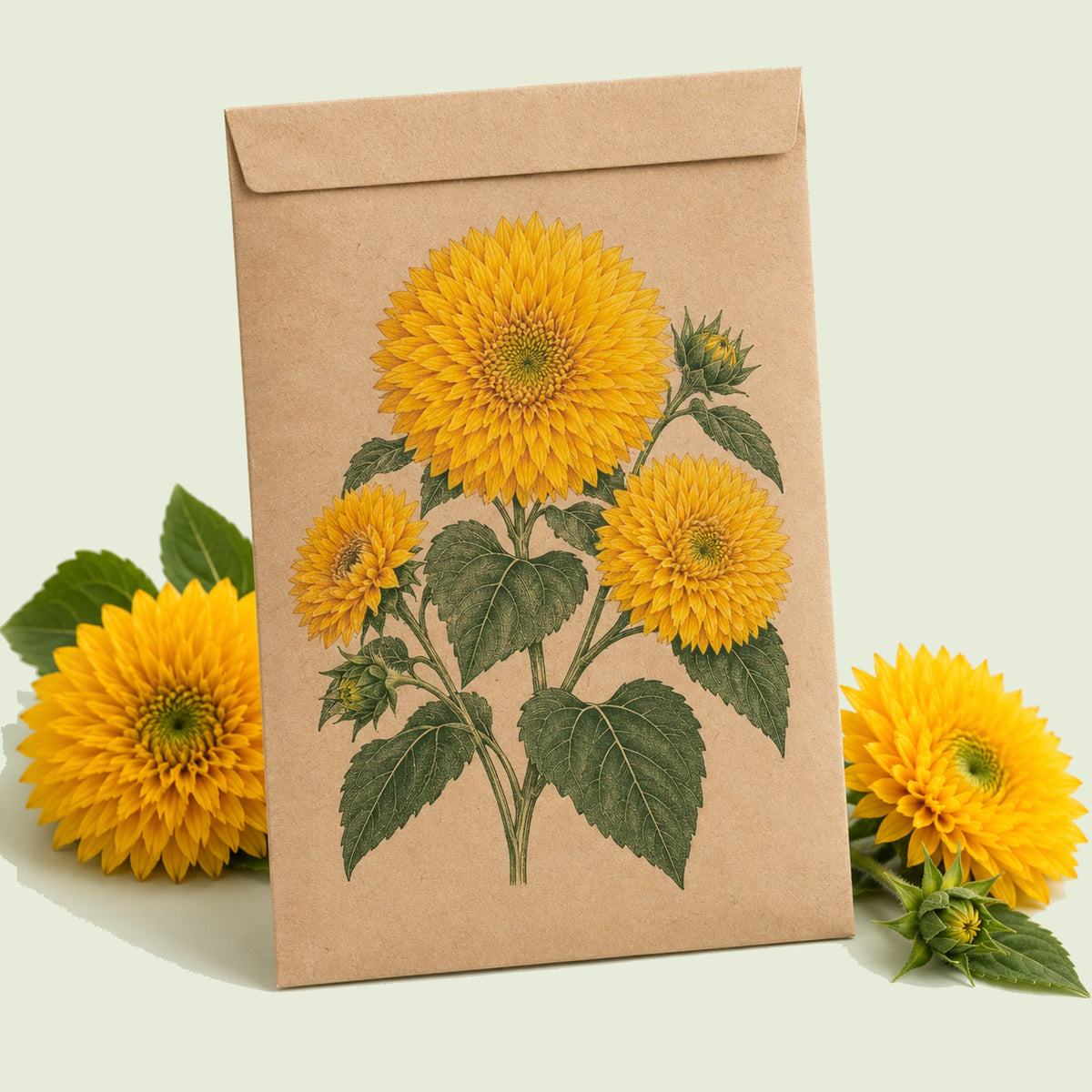 Kraft seed packet illustrated with Teddy Bear Yellow Dwarf Sunflower, with fresh Teddy Bear Yellow Dwarf Sunflower beside it