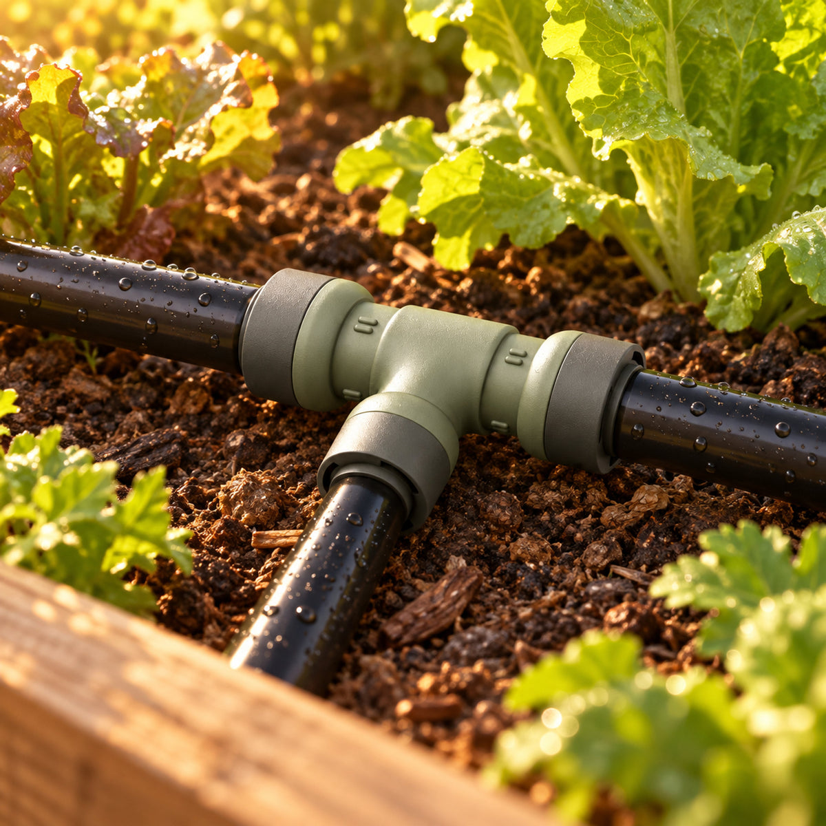 Tee Connector for Irrigation Lines in use in a home garden