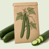 Kraft seed packet illustrated with Telegraph Improved Long Cucumber, with fresh Telegraph Improved Long Cucumber beside it
