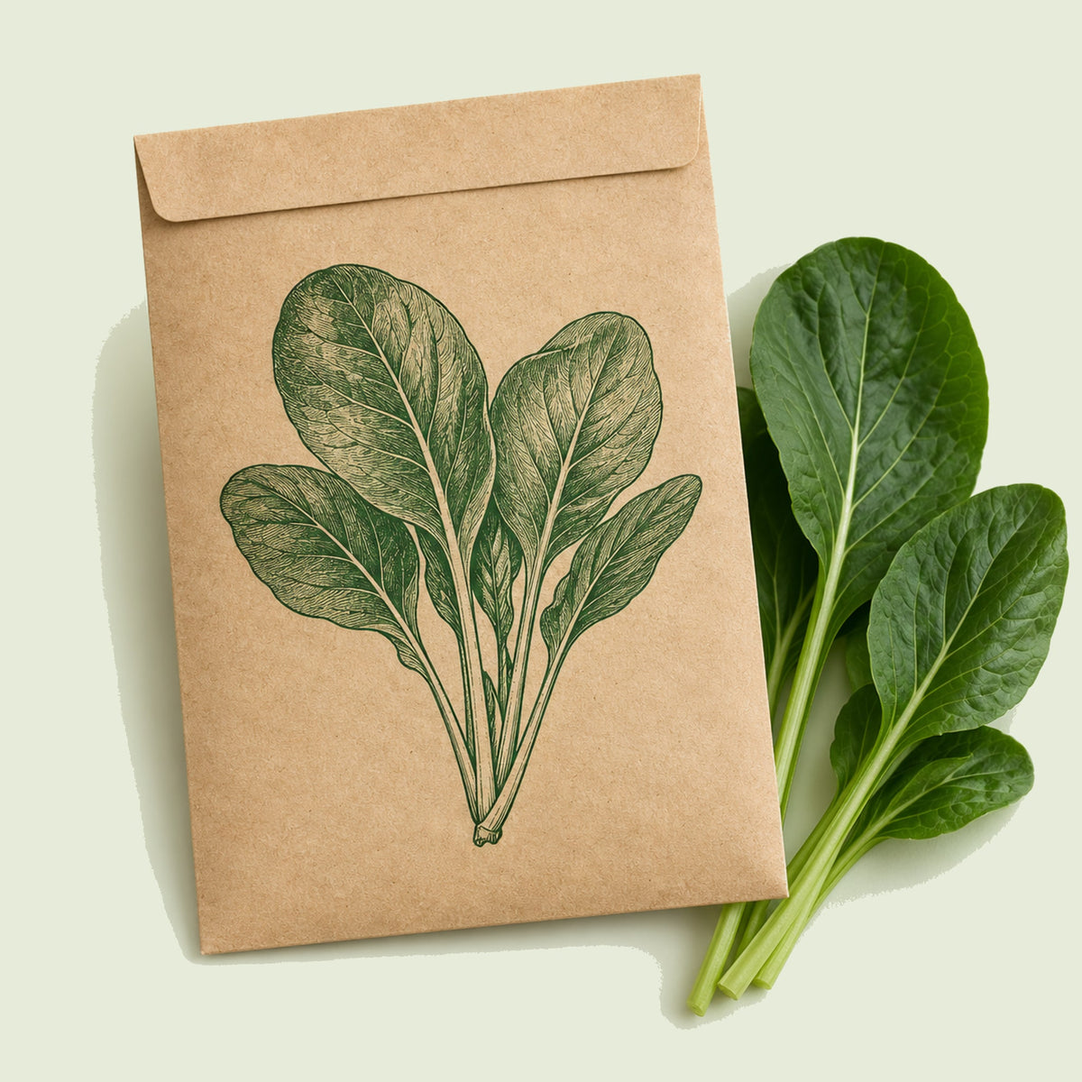 Kraft seed packet illustrated with Tendergreen Komatsuna, with fresh Tendergreen Komatsuna beside it