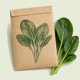 Kraft seed packet illustrated with Tendergreen Komatsuna, with fresh Tendergreen Komatsuna beside it