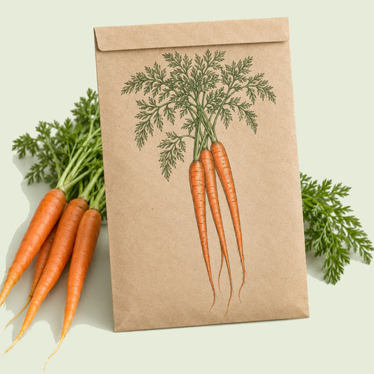 Kraft seed packet illustrated with Tendersweet Carrot, with fresh Tendersweet Carrot beside it