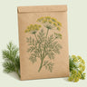 Kraft seed packet illustrated with Tetra Dill Herb, with fresh Tetra Dill Herb beside it