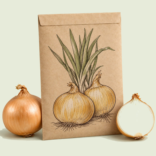 Kraft seed packet illustrated with Texas Early Grano Onion, with fresh Texas Early Grano Onion beside it