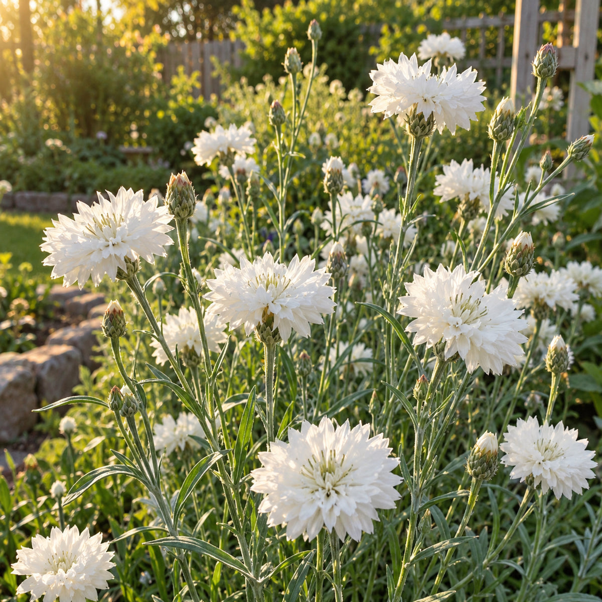 The Bride Bachelor's Button Seeds growing in a home garden