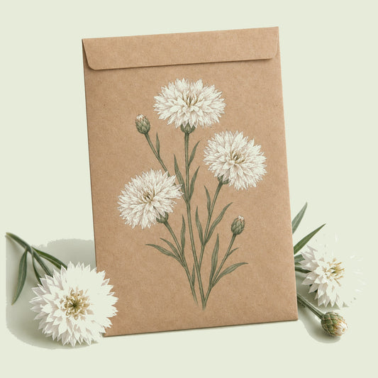Kraft seed packet illustrated with The Bride Bachelor's Button, with fresh The Bride Bachelor's Button beside it