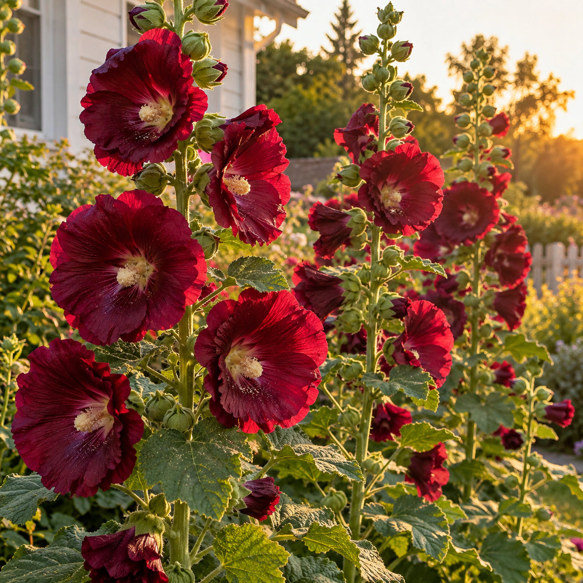 The Watchman Hollyhock Flower Seeds growing in a home garden