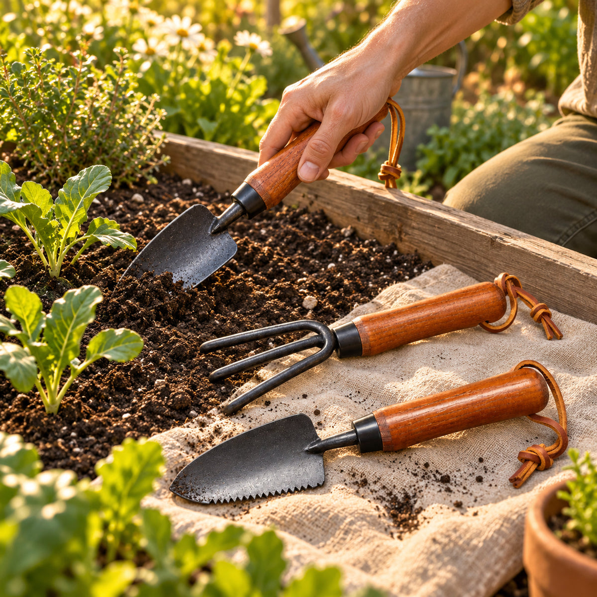 Three-Piece Mini Garden Tool Set in use in a home garden