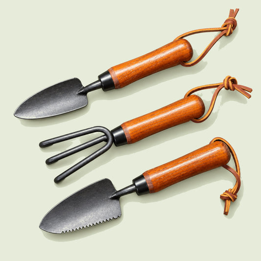 Three-Piece Mini Garden Tool Set on a soft green background
