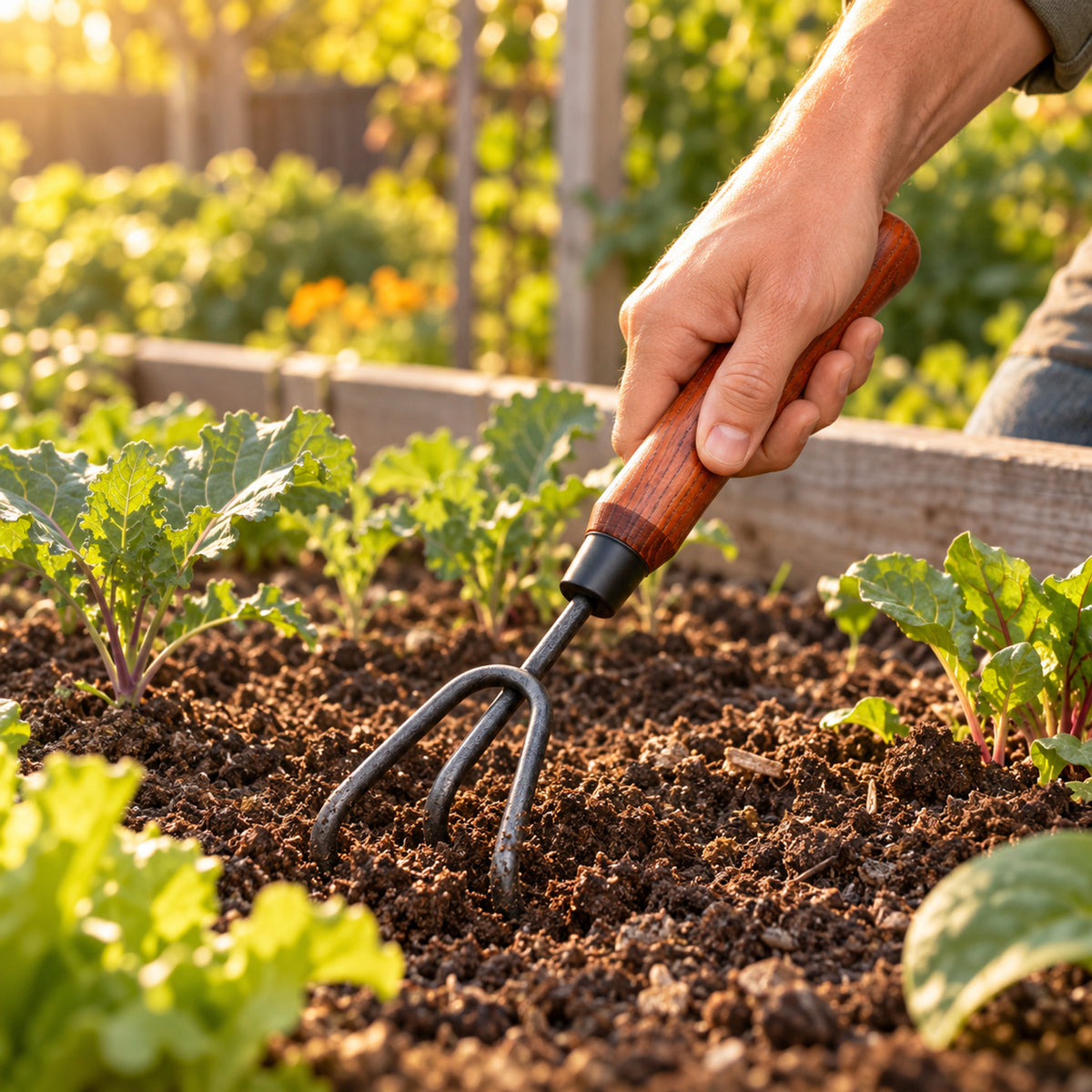 Three-Prong Hand Cultivator in use in a home garden