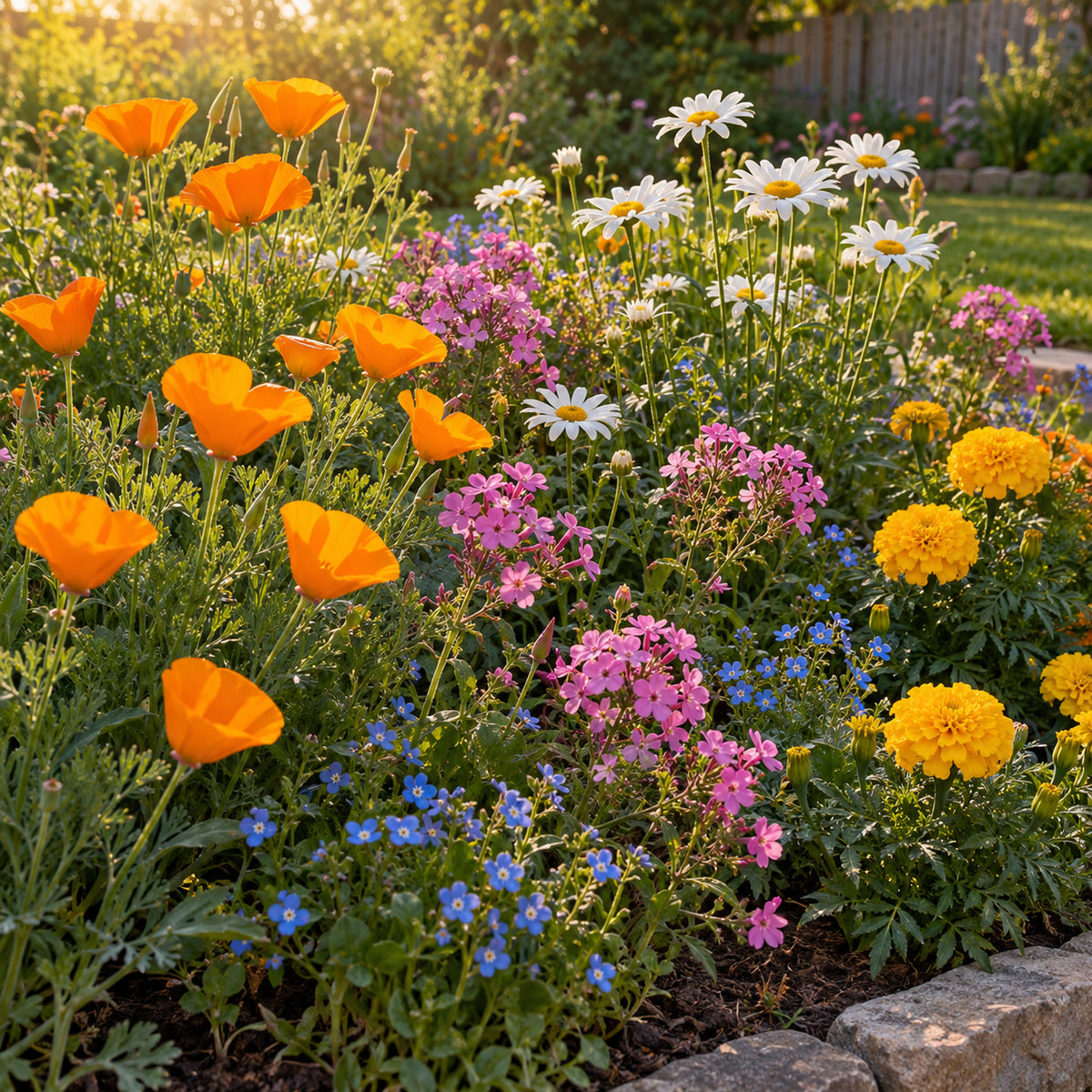 Three Season Bloom Flower Mix Seeds growing in a home garden