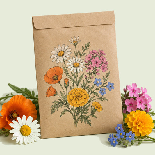 Kraft seed packet illustrated with Three Season Bloom Flower Mix, with fresh Three Season Bloom Flower Mix beside it