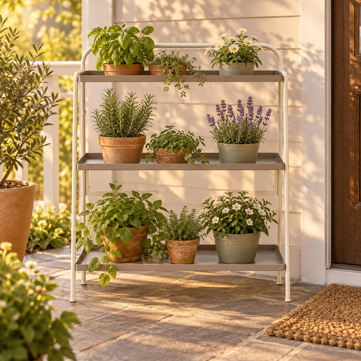Three-Tier Plant Stand in use in a home garden