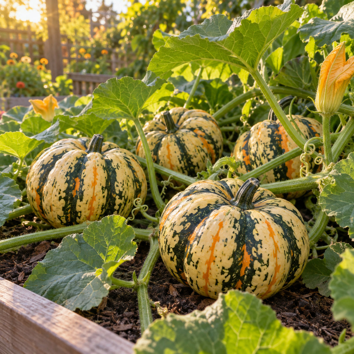 Thriller Winter Squash Seeds growing in a home garden
