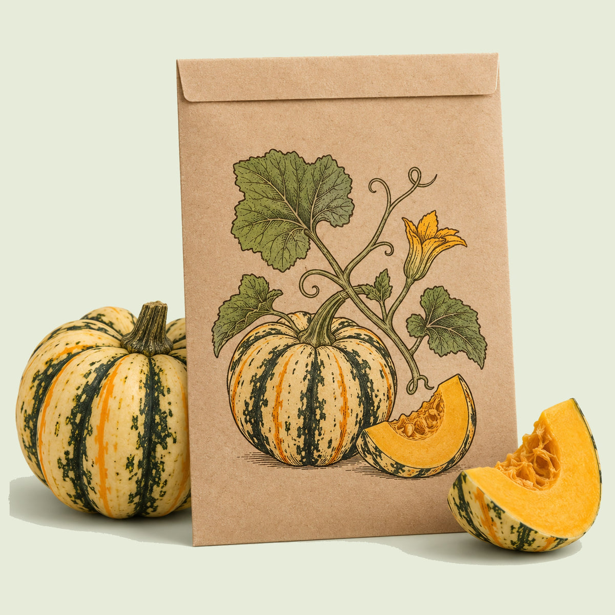 Kraft seed packet illustrated with Thriller Winter Squash, with fresh Thriller Winter Squash beside it