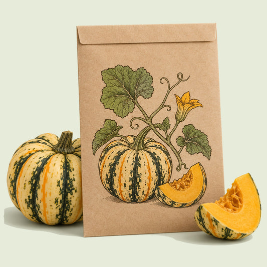Kraft seed packet illustrated with Thriller Winter Squash, with fresh Thriller Winter Squash beside it