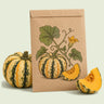 Kraft seed packet illustrated with Thriller Winter Squash, with fresh Thriller Winter Squash beside it