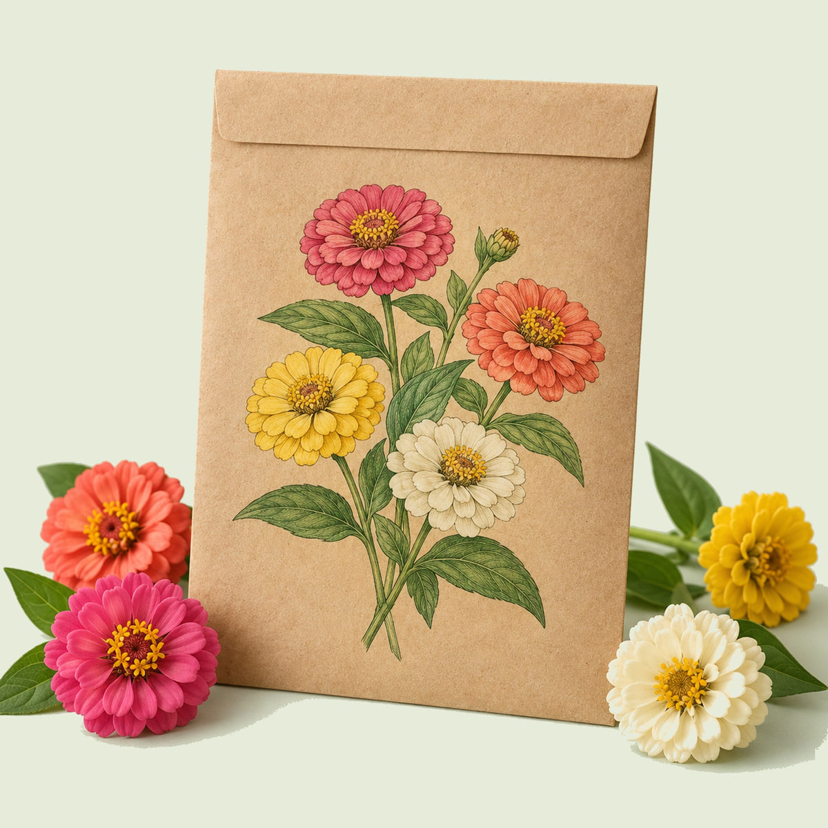 Kraft seed packet illustrated with Thumbelina Zinnia, with fresh Thumbelina Zinnia beside it