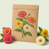 Kraft seed packet illustrated with Thumbelina Zinnia, with fresh Thumbelina Zinnia beside it