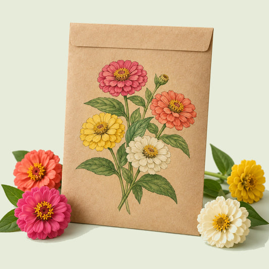 Kraft seed packet illustrated with Thumbelina Zinnia, with fresh Thumbelina Zinnia beside it