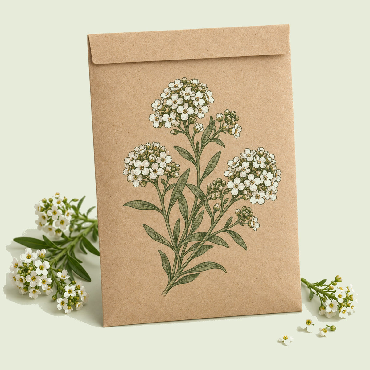 Kraft seed packet illustrated with Tiny Tim Sweet Alyssum Flower, with fresh Tiny Tim Sweet Alyssum Flower beside it