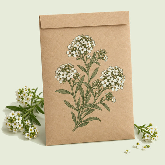 Kraft seed packet illustrated with Tiny Tim Sweet Alyssum Flower, with fresh Tiny Tim Sweet Alyssum Flower beside it