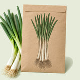 Kraft seed packet illustrated with Tokyo Long White Scallion, with fresh Tokyo Long White Scallion beside it