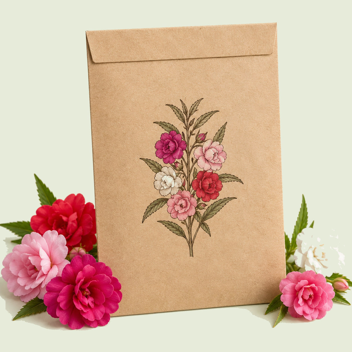 Kraft seed packet illustrated with Tom Thumb Balsam, with fresh Tom Thumb Balsam beside it
