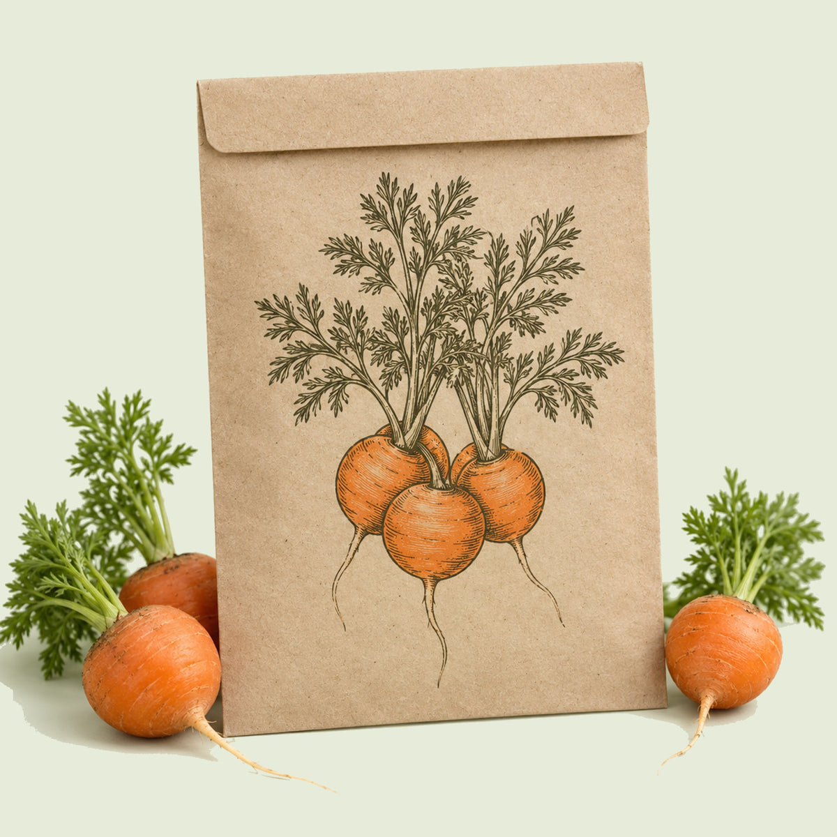 Kraft seed packet illustrated with Tonda Di Parigi Round Carrot, with fresh Tonda Di Parigi Round Carrot beside it