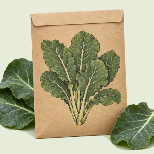 Kraft seed packet illustrated with Top Bunch Collard, with fresh Top Bunch Collard beside it