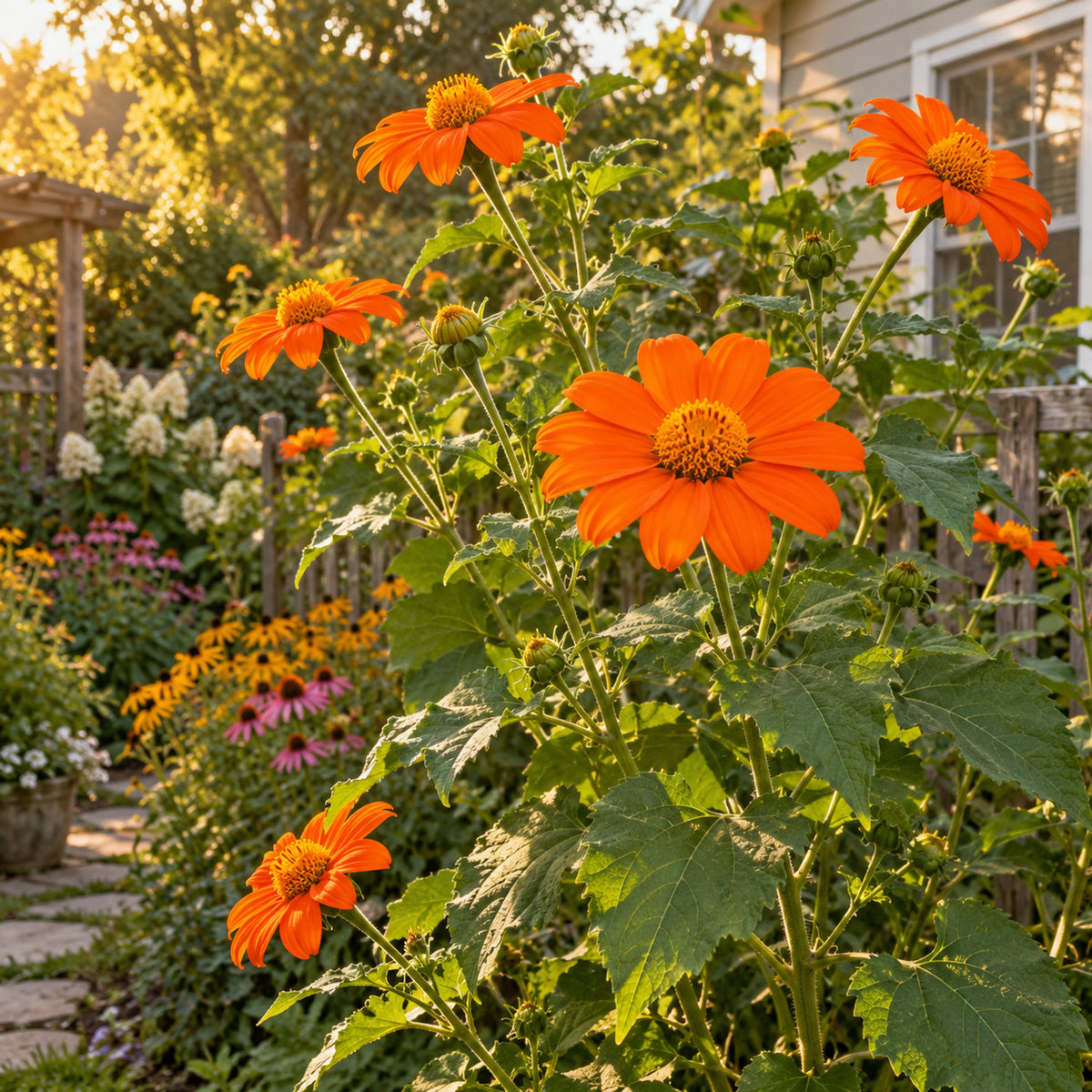 Torch Orange Mexican Sunflower Seeds growing in a home garden