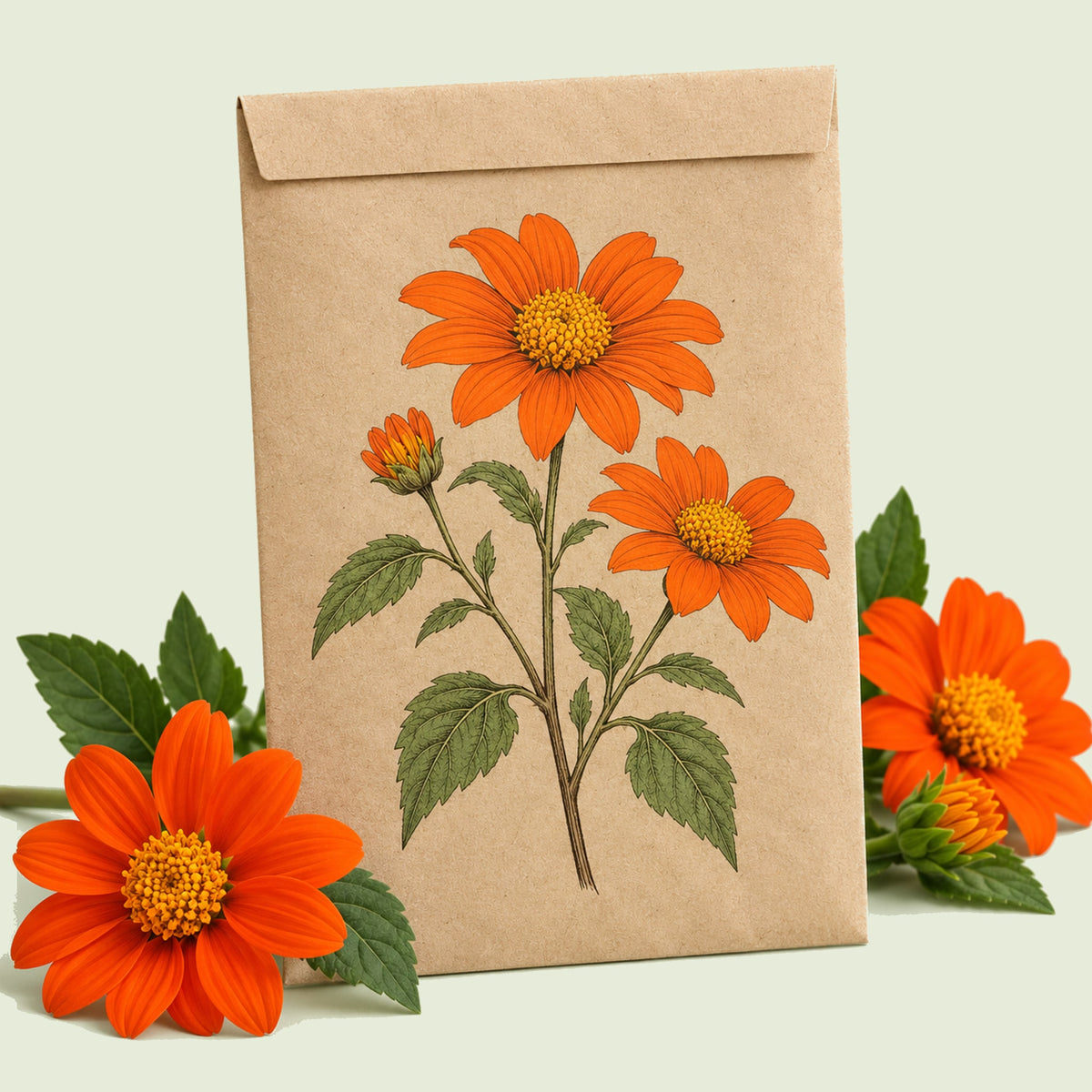 Kraft seed packet illustrated with Torch Orange Mexican Sunflower, with fresh Torch Orange Mexican Sunflower beside it
