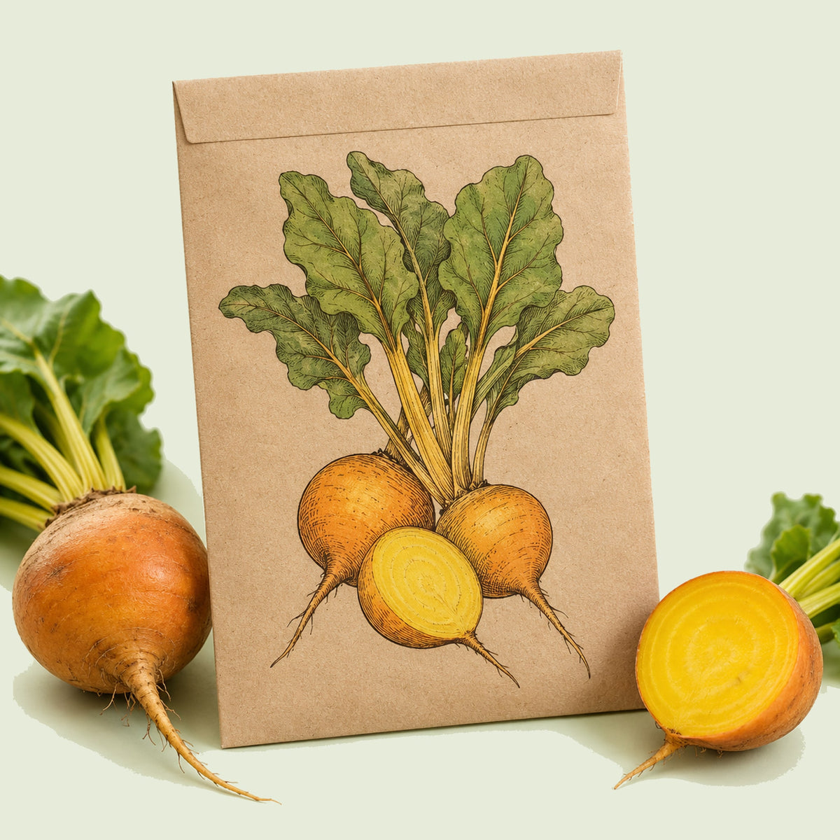 Kraft seed packet illustrated with Touchstone Gold Sweet Beet, with fresh Touchstone Gold Sweet Beet beside it