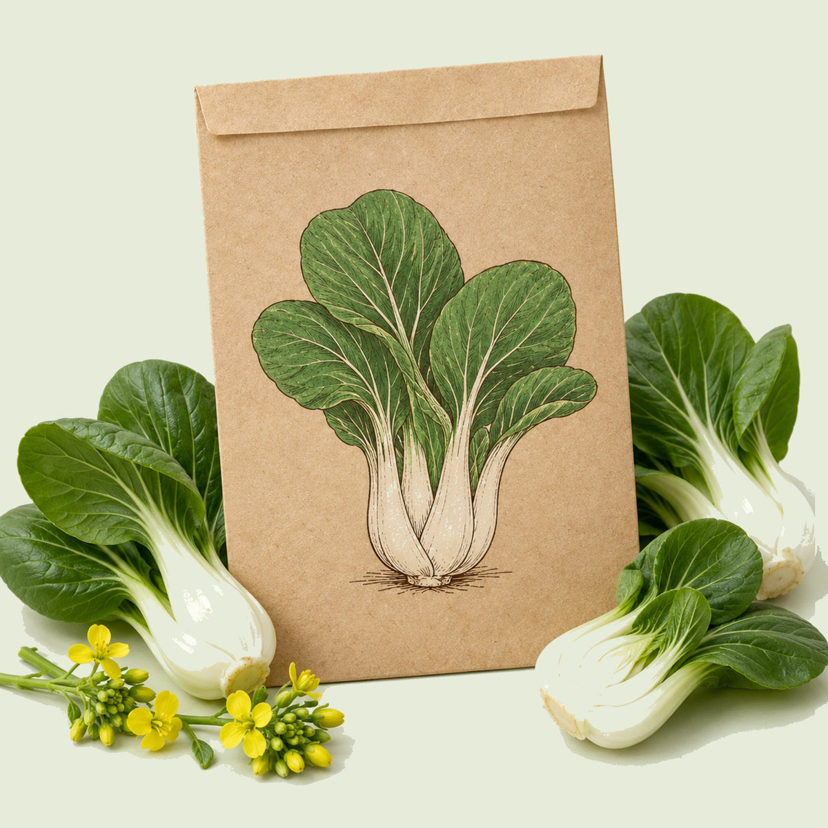 Kraft seed packet illustrated with Toy Choy Mini Bok Choy, with fresh Toy Choy Mini Bok Choy beside it
