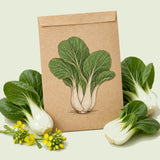 Kraft seed packet illustrated with Toy Choy Mini Bok Choy, with fresh Toy Choy Mini Bok Choy beside it