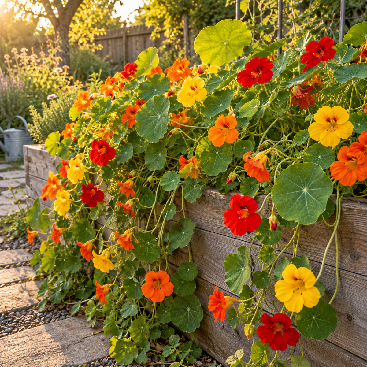 Trailing Nasturtium Blend Seeds growing in a home garden