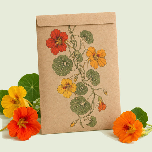 Kraft seed packet illustrated with Trailing Nasturtium Blend, with fresh Trailing Nasturtium Blend beside it