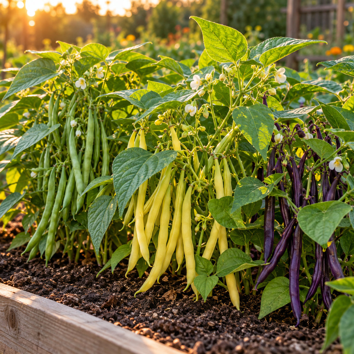 Trio Bush Bean Blend Seeds growing in a home garden