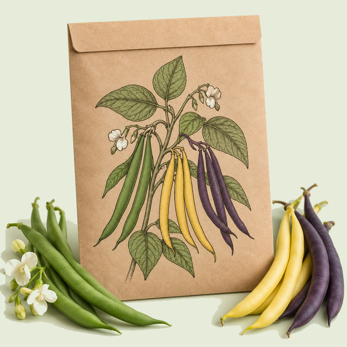 Kraft seed packet illustrated with Trio Bush Bean Blend, with fresh Trio Bush Bean Blend beside it