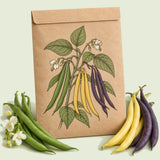 Kraft seed packet illustrated with Trio Bush Bean Blend, with fresh Trio Bush Bean Blend beside it
