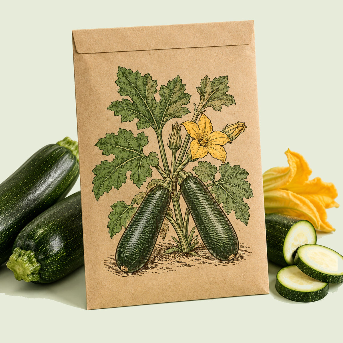 Kraft seed packet illustrated with Triumph Zucchini, with fresh Triumph Zucchini beside it