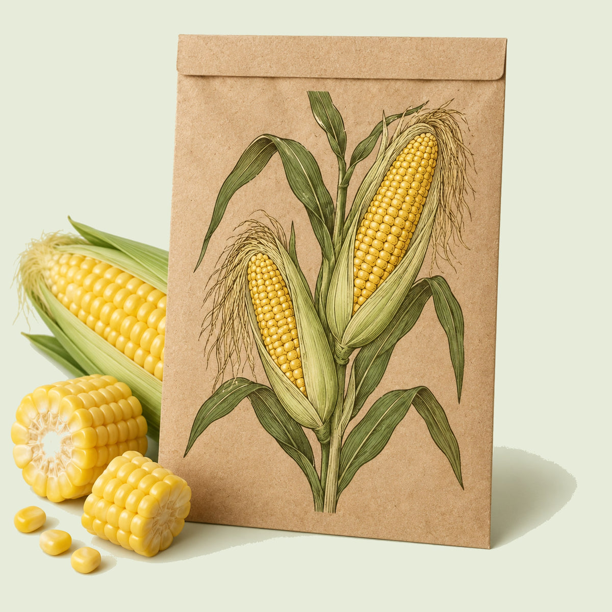 Kraft seed packet illustrated with True Gold Tender Sweet Corn, with fresh True Gold Tender Sweet Corn beside it