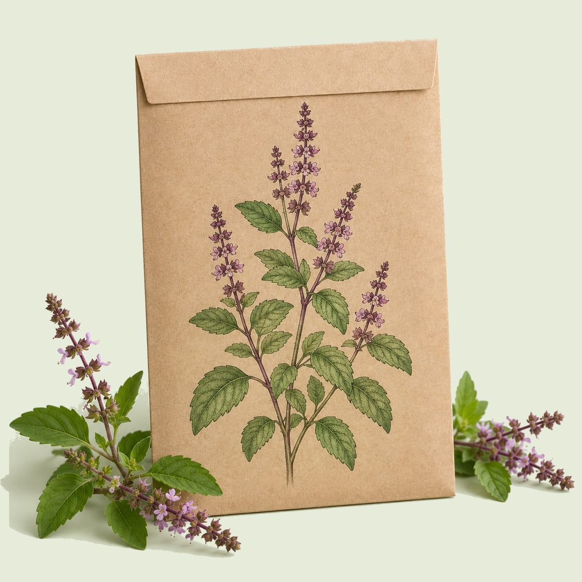 Kraft seed packet illustrated with Tulsi Holy Basil Herb, with fresh Tulsi Holy Basil Herb beside it