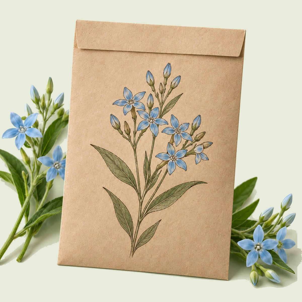 Kraft seed packet illustrated with Tweedia Blue Milkweed Flower, with fresh Tweedia Blue Milkweed Flower beside it